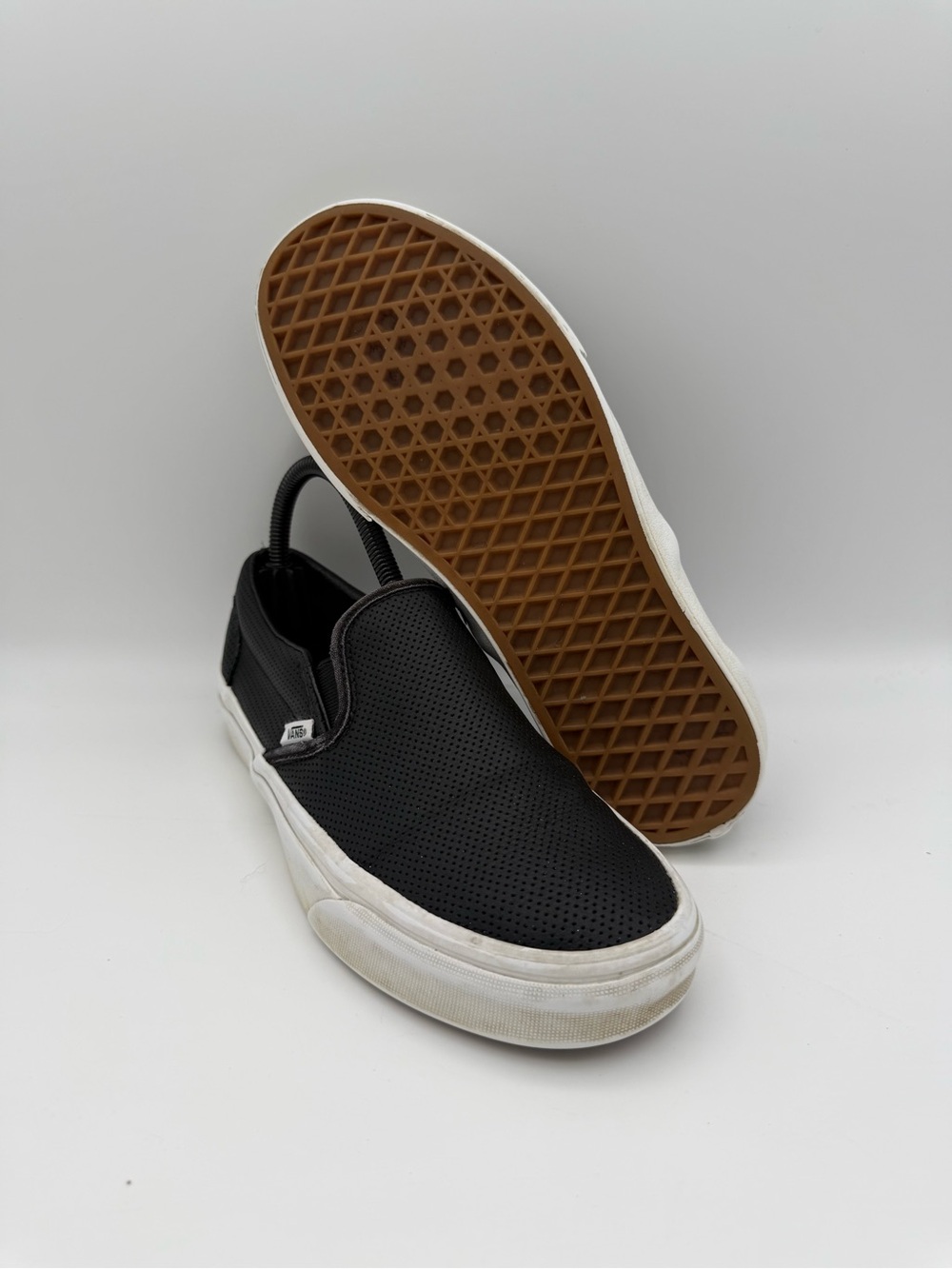 Women's Vans Classic Slip-On Black Perforated Leather Casual Shoes Size 7.5